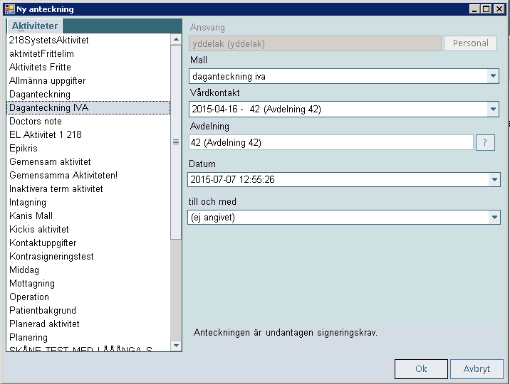 Den färdiga anteckningen visas sedan på läsytan utan det blåa streck som indikerar osignerad anteckning. Anteckningen hamnar inte i ansvarigs signeringskorg.