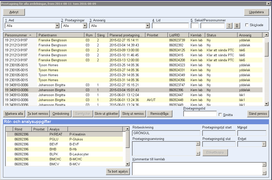 Kolumner som finns i funktionen för provtagning: Personnummer, Patientnamn, Rum, Säng, Planerad provtagningstid, Prioritet, Lid/RID, Kemlab, Status, Ansvarig.