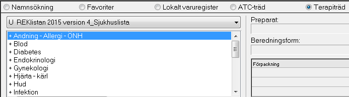 Terapiträd Då Terapiträd markeras visas en listbox ovanför terapiträdet med de listor som är aktuella inom respektive landsting/region. Vid val av lista visas den valda listan i terapiträdet.