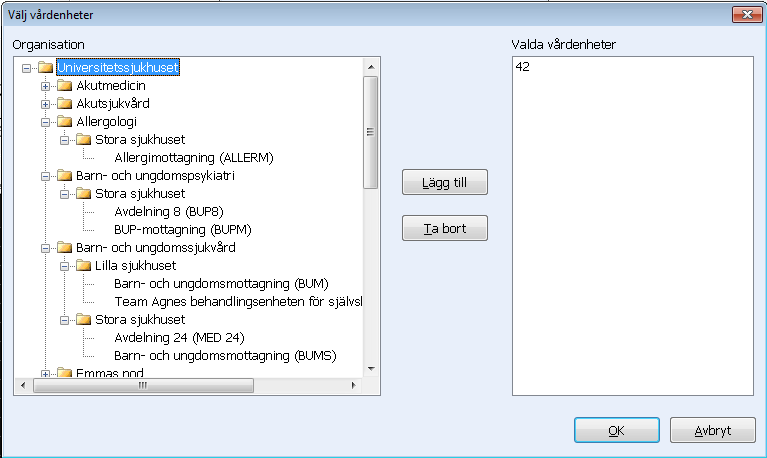 Om radioknappen Vårdenheter är markerad finns knappen Välj vårdenheter valbar. 6. I dialogen Välj vårdenheter kan en mapp markeras i organisationsstrukturen och därefter Lägg till.