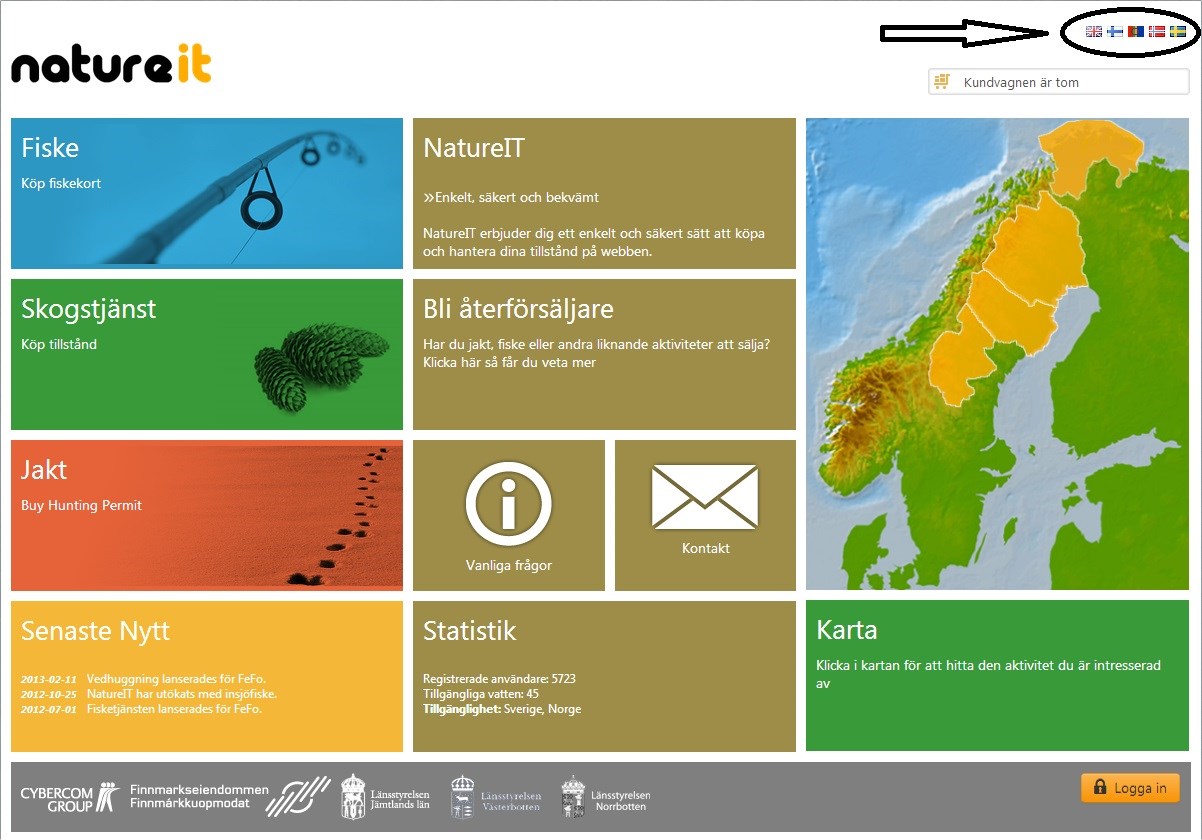 Då skall du få upp en bild som ser ut så här: NatureIT finns på fem olika språk Engelska, Finska,
