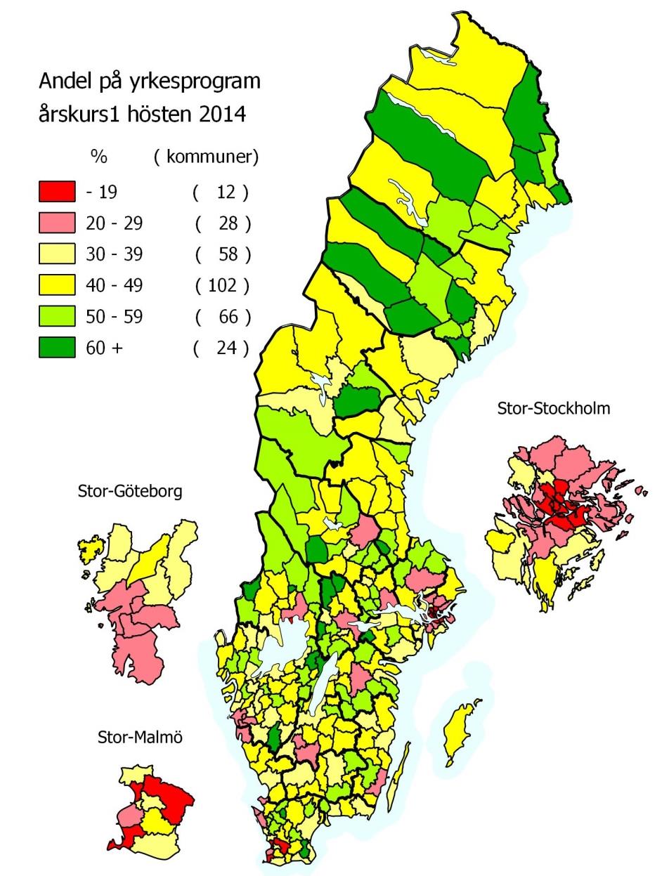 Yrkesutbildningens andel i gymnasieskolan ht 2014.