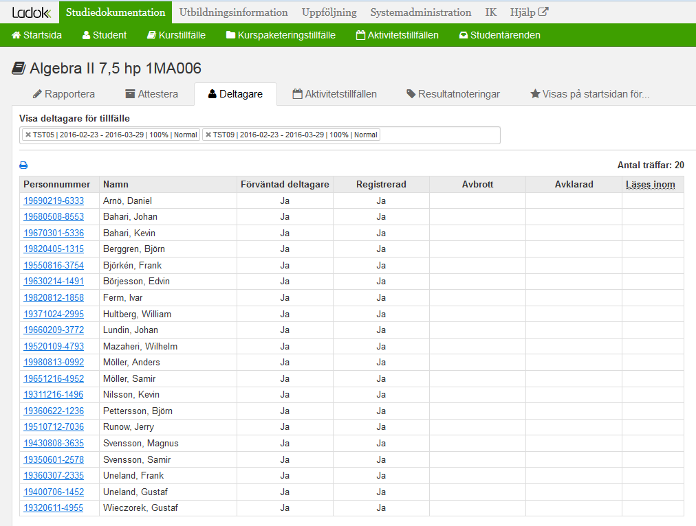 Under fliken Deltagare I bilden visas vilka deltagare som finns på kurstillfällena TST05 och TST09.