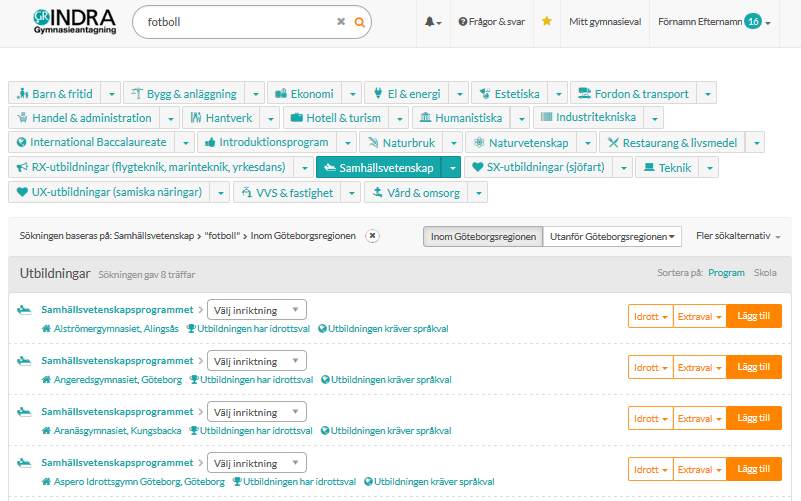 I sökfältet kan du söka efter utbildningar genom att använda enstaka ord som till exempel ett intresseområde, en skola eller kommun. Träffarna visas i listan nedan.