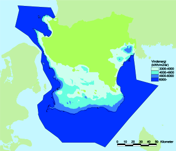 2. Vindkraftens förutsättningar Bild 2.1 Vindenergiinnehåll i Skåne på 80 m höjd enligt SMHIs kartering, 1997.