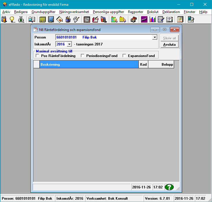 Manual efredo Sidan 133 (146) 10.4 Underlag för Deklarationsblanketter fram till år 2006 10.4.1 N6 Räntefördelning och Expansionsfond I det här formuläret visas underlag för blankett N6 Räntefördelning och Expansionsfond per år och person.
