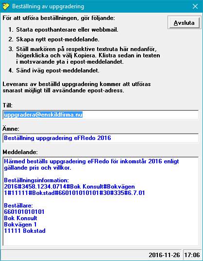 Manual efredo Sidan 136 (146) E-post-meddelande skapas och beställningsinformationen kopieras till respektive yta.