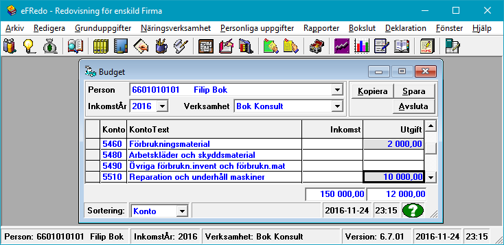 Manual efredo Sidan 18 (146) 4.2 Budget För varje verksamhet och inkomstår finns möjlighet att registrera budgetvärden för inkomst- och utgiftskonton.