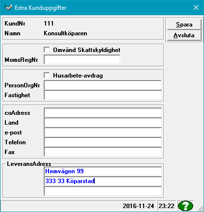 Manual efredo Sidan 20 (146) Extra uppgifter om kunden visas genom att trycka på knappen Extra.