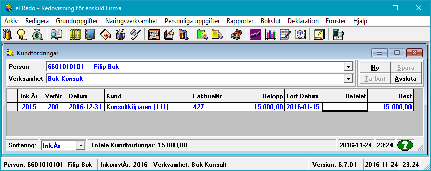 Manual efredo Sidan 21 (146) 4.4 Kundfordringar I efredo ingår funktioner för Kundreskontra, i detta formulär visas en förteckning innehållande uppgifter om aktuella kundfordringar.