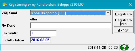 Manual efredo Sidan 65 (146) Genom att trycka på knappen Bokför visas följande formulär: Kund, fakturanummer och förfallodatum är