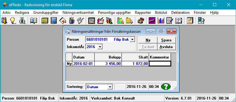 Manual efredo Sidan 71 (146) 6.6 Näringsersättningar från Försäkringskassan För varje person och inkomstår finns möjlighet att registrera näringsersättningar från försäkringskassan.