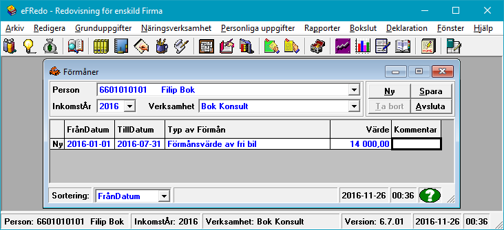 Manual efredo Sidan 72 (146) 6.7 Förmåner För varje inkomstår och verksamhet finns möjlighet att registrera förmåner. Formuläret öppnas med menyvalet Näringsverksamhet -> Förmåner.