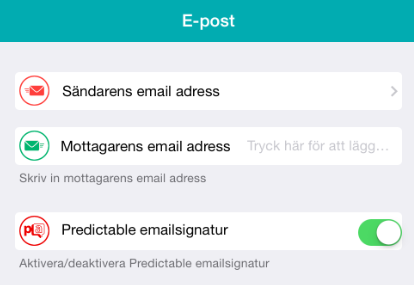 Skriv sedan in mottagarens Email adress i boxen under. Användaren har också möjligheten att sätta på/stänga av Predictables egna mailsignatur, genom att trycka på stickan som markerar signatur.