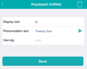 Ordförslag Självlärda ord Predictable är kapabel till att lära sig nya ord som tidigare använts av användaren som inte finns i ordlistan.