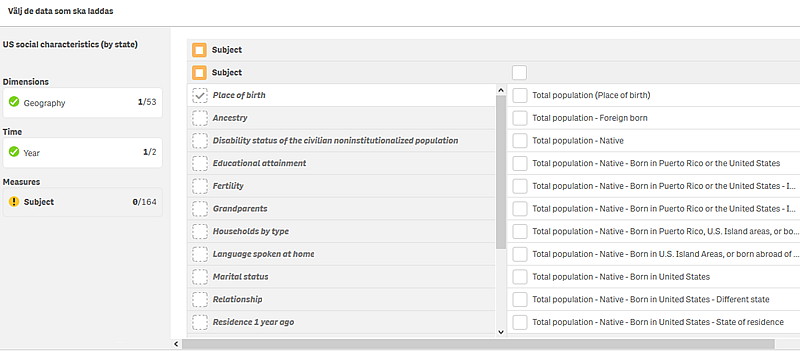 3 Hantera data i appen med Datahanteraren Knapparna för nästa steg aktiveras inte förrän urvalet är klart. De aktiveras inte förrän du väljer ett fält i den högra kolumnen till måttet Subject.