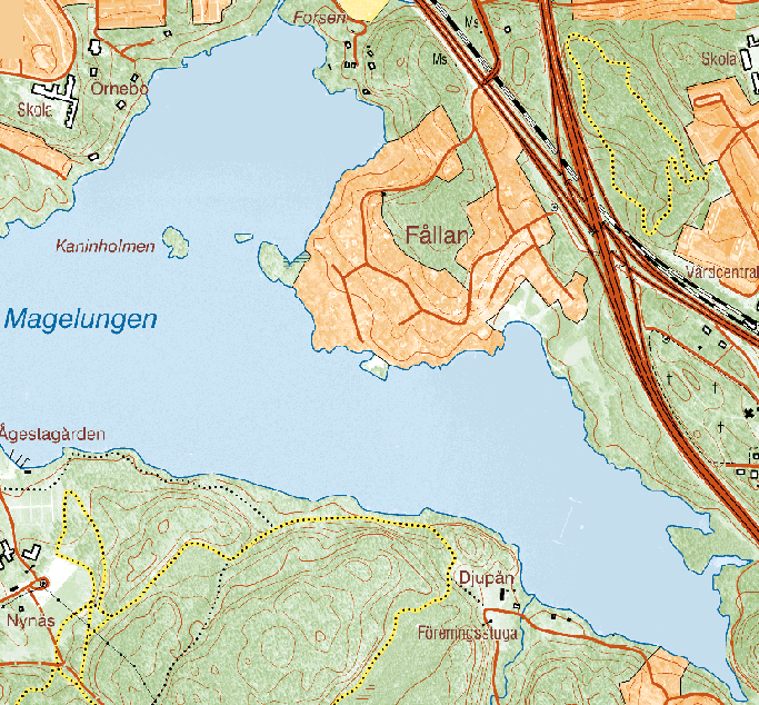 rapp: 8909666-SB75/76-10: 110214 hösten 2005 sid 8(12) Magelungen, Fållan, 12 m Flodområde: 62 Tyresåns vattensystem Provdatum: 2005-09-29 Koordinater : ej uppmätt, markeringarna i kartan anger två