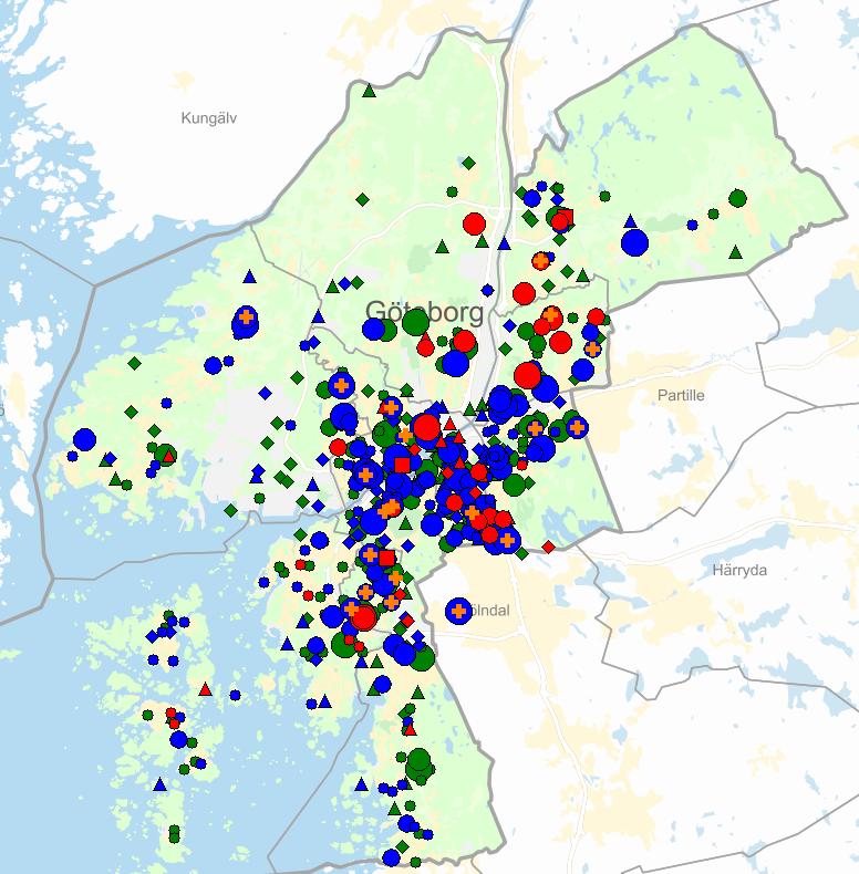 14/31 Kartan illustrerar en omfattande planeringsverksamhet i Göteborg: Lokalisering av, program och FÖP som föreslås enligt Produktionsplan 2016, pågående