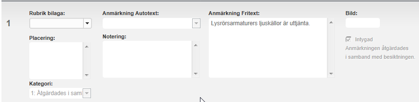 6 Protokoll anmärkningskategori 1 ska inte intygas i formuläret Anmärkning i kategori 1 åtgärdas i samband med besiktningen.