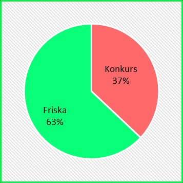 Resultat år 2013 Året före konkurs kategoriseras 18 företag (60 %) som konkursdrabbade. 12 företag (40 %) har således felaktigt klassificerats som friska.