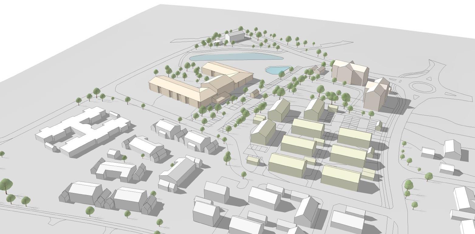 Volymstudie, bild: Origo Arkitekter Den planerade bebyggelsens höjdskala föreslås möta befintliga bebyggelsehöjder.