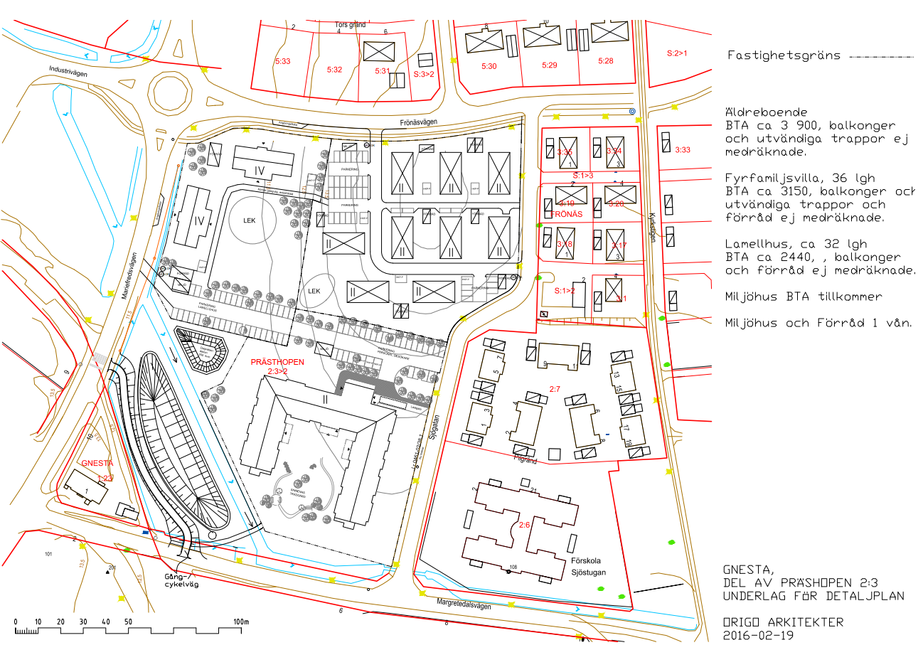 Gnesta kommun Sid 6(12) sydvästra del. Platsens nordöstra del planeras för flerfamiljshus i två våningar och den nordvästra delen planeras för flerfamiljshus i fyra våningar.