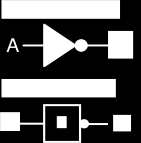 Två strömbrytare som styrs av samma ingångssignal. Ringen på den övre strömbrytaren markerar att den är en P-MOS transistor och utan ring (den undre strömbrytaren) är en N-MOS transistor.