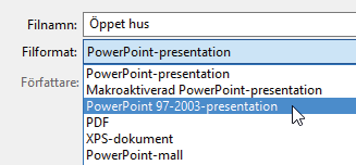 Spara med nytt namn/på annan plats När du väljer kommandot Spara (Save) sparas presentationen med samma namn som tidigare. Detta innebär att den tidigare versionen skrivs över.