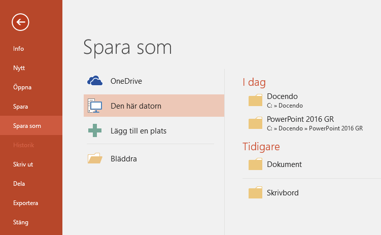 SPARA PRESENTATION Vänj dig vid att spara dina presentationer direkt när du skapar dem. Spara därefter presentationerna med jämna mellanrum.