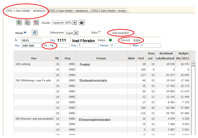 3.2 Gå till Budgetbilden STEG 1 Gemensamma lokaler - arbetsrum I STEG 1 ska du budgetera de beräknade lokalkostnaderna för arbetsrummen för personal inom stödverksamheterna.