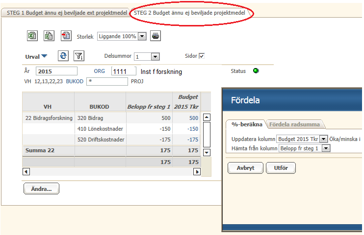 I STEG 2 Budget Ännu ej beviljade projektmedel ska du föra över beloppen från STEG 1 till Budget 2015. Beloppen sparas utan projektnummer, dvs. projekt = blankt. - Klicka på Ändra-knappen.