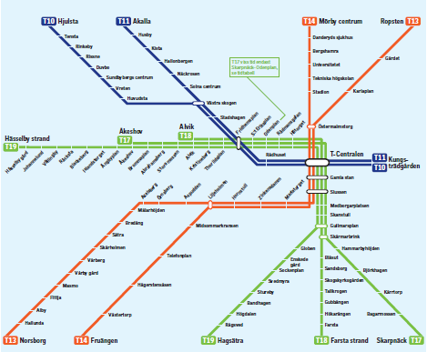 Bild: Schematisk karta över tunnelbanenätet. (Källa: SL.se) Danderyds två stationer i nordost är markerade. 8.1.