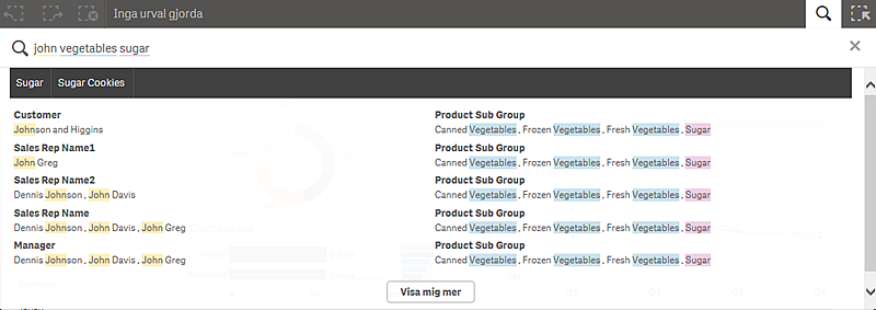 4 Använda smartsökning Denna visualisering kommer med i sökresultaten för söktermen Europa. Endast namn på objekt som är interna för Qlik Sense ingår i smartsökning.