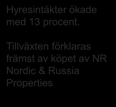 Resultaträkning Mkr 2011 2010 Hyresintäkter 1 204 1 062 Försäljningsintäkter modulbyggnader 144 80 Nettoomsättning 1 348 1 142 Bruttoresultat 838 752 Handelsnetto 23 14 Hyresintäkter ökade med 13