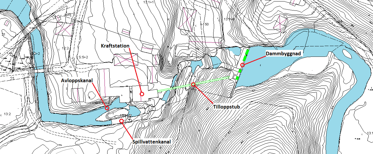 Verket ligger vid Vessigefallen en fallsträcka mellan Smeaberget i norr och Klangebjär i söder.