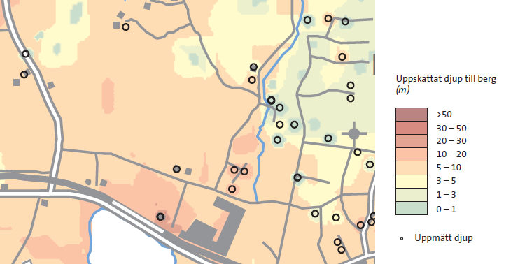 Figur 3-4. Jordartskarta framtagen med SGUs kartgenerator. Svartstreckad polygon visar planområdets ungefärliga avgränsning. Figur 3-5. Jorddjupskarta framtagen med SGUs kartgenerator.