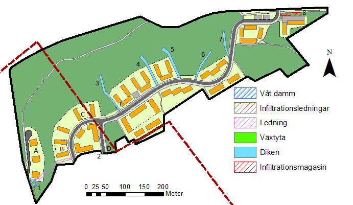 kunna magasinera 120 m 3 vid ett 20-årsregn, vilket med en porvolym på 30 % och ett 1 meter djupt magasin kräver en yta på 400 m 2.