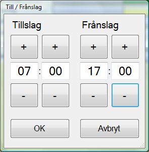 Sid 5 (39) 2.1.1 Exakt justering av Till- och Frånslagstider Då ett grönt område dubbelklickas öppnas en inställningsruta som möjliggör exakt justering av Till- och Frånslagstider.