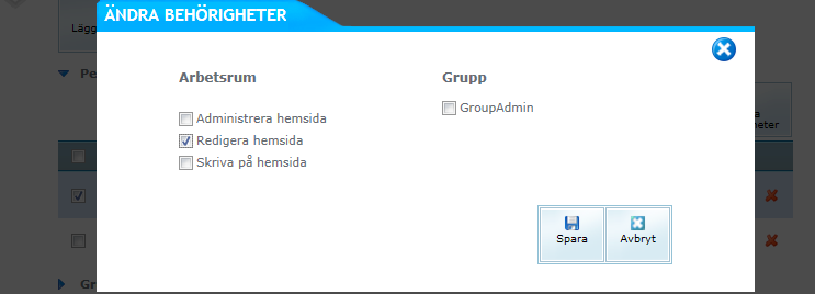 Klicka in på fliken Gruppadmin. Klicka in på aktuellt arbetsrum. För att ändra eller lägga till behörighet på en person klicka i rutan framför personens namn.