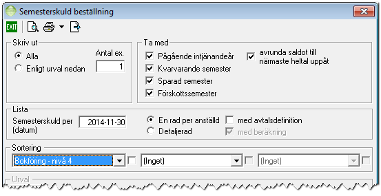 Övriga rapporter Semesterskuld delsummerar även på Nivå 4 Semesterskuldlistan som finns under Semester > Semesterskuld (listan en rad per anställd) ger sedan tidigare en delsummering per