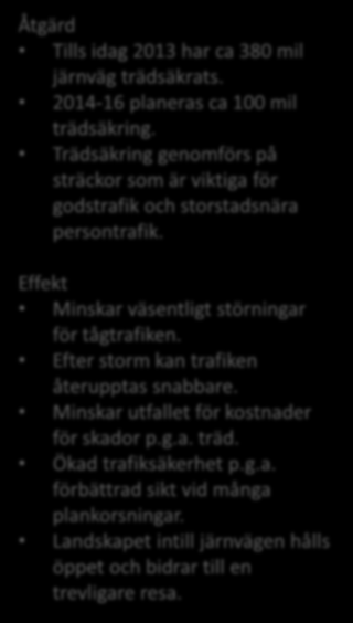 Trädsäkring 2014-2016 Åtgärd Tills idag 2013 har ca 380 mil järnväg trädsäkrats. 2014-16 planeras ca 100 mil trädsäkring.