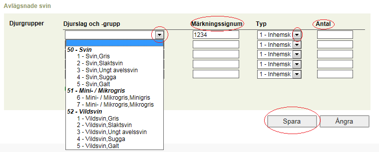 14 (35) Välj på menyn djurslag och -grupp för de utmönstrade svinen, fyll i gruppens märkningssignum och antal i de reserverade fälten och spara händelsen med knappen Spara.