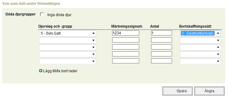 24 (35) Om inga djur har dött under förmedlingen väljs Inga döda djur. De döda djuren anmäls per djurgrupp.