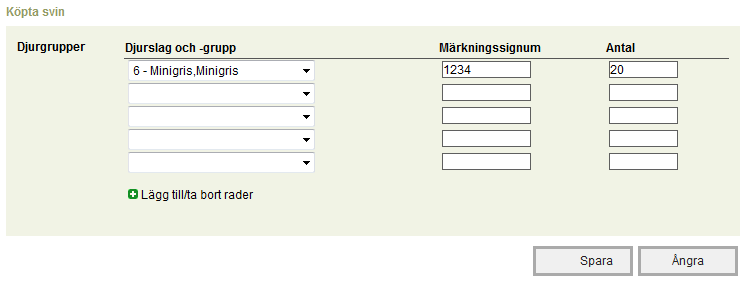 32 (35) 3.7 Anmälan om import Fyll i Uppgifter om import, Importland, vid behov Tilläggsuppgifter och Myndighetens kommentar. Sedan inmatas uppgifterna om de köpta djurgrupperna.