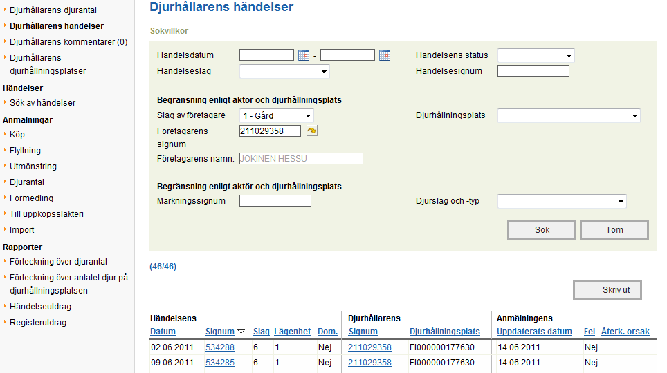 8 (35) Händelserna visas på nedre delen av sidan, där man kan bläddra via länken Signum och göra ändringar om användaren har rätt att göra det. 2.