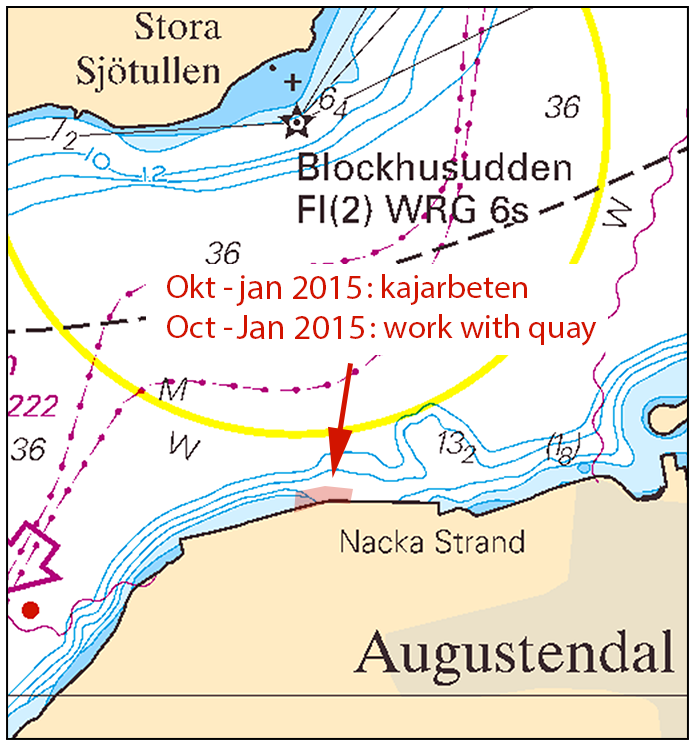 2014-12-11 5 Nr 524 Bsp Stockholm N 2013/s61 Kajplatsnumrering, Kapellskär Stockholms hamnar. Publ. 10 december 2014 * 10023 (T) Sjökort: 6141, 6142 Sverige. Norra Östersjön. Stockholm. Nacka Strand.