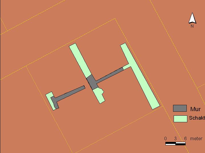 Schakt 2 Schakt 1 Schakt 3 Schakt 3 Schakt 4 Fig 4. Schaktens numrering och murens utbredning.