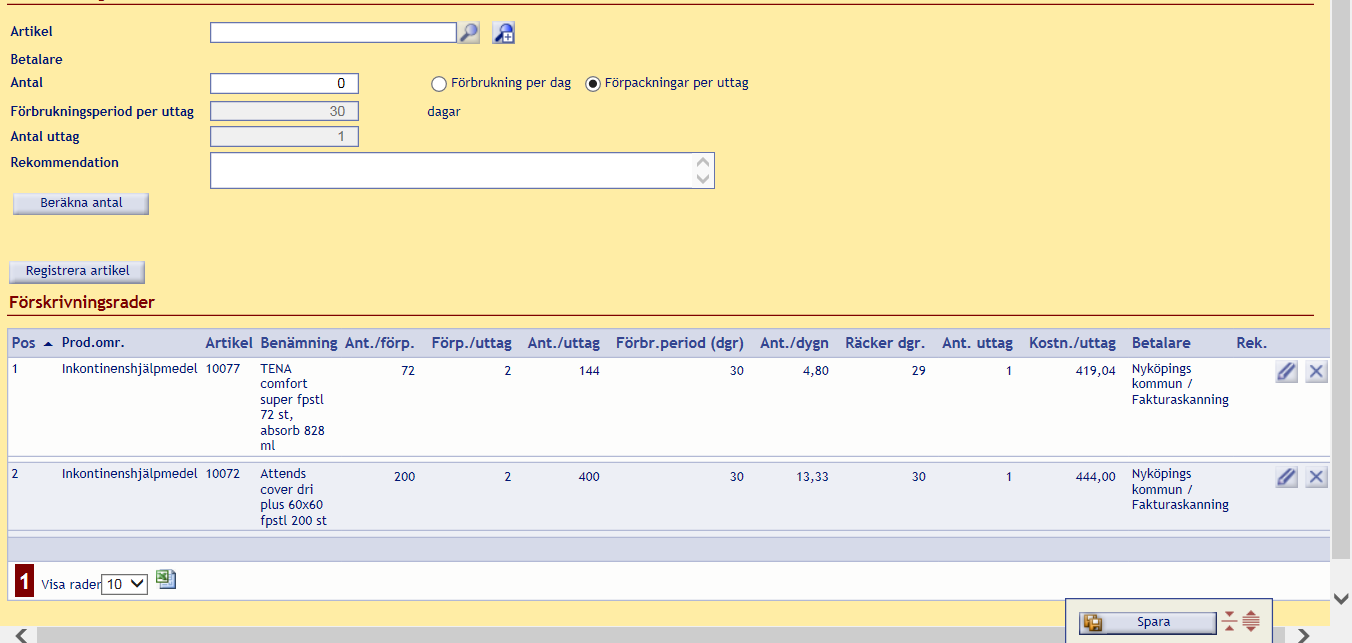Om man vill beställa fler hjälpmedel fortsätter man att lägga till artiklar, ange antal och förbrukningsalternativ på samma sätt som på föregående sida.