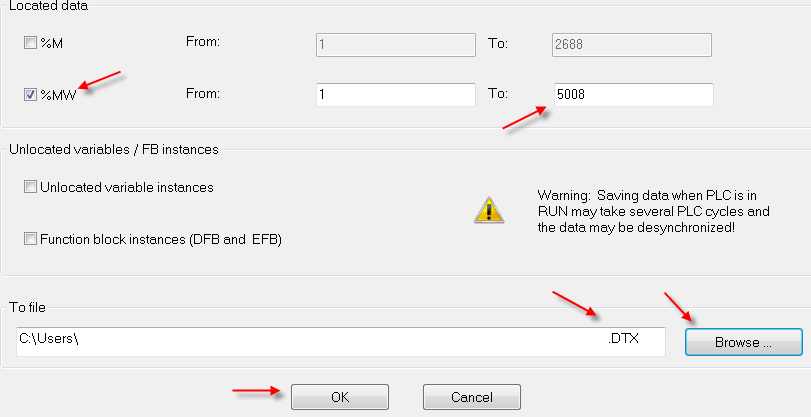 Tag backup på %MW. Tag inte med %M och unlocated. Antalet bestäms av antalet som är konfigurerat för CPU-n. Peka ut var du vill spara din fil och ge den ett namn. 8.1.1 Ta bort ej använda arrayer.