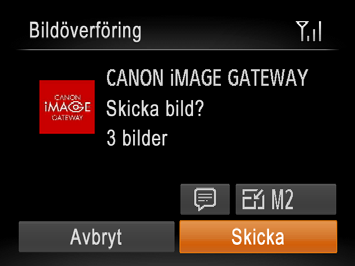 zvälj [ ] med hjälp av <o><p><q><r>-knapparna och tryck sedan på <m>-knappen. Välj upplösning (format) på bilderna som ska skickas med hjälp av <o><p>-knapparna och tryck sedan på <n>-knappen.